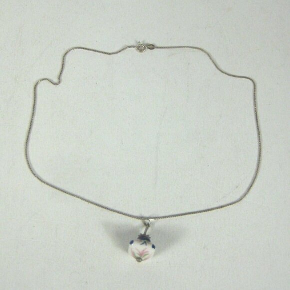 Italian Sterling Silver 925 Hand Painted Ceramic Pendant Necklace 19 in Chain - Picture 1 of 10
